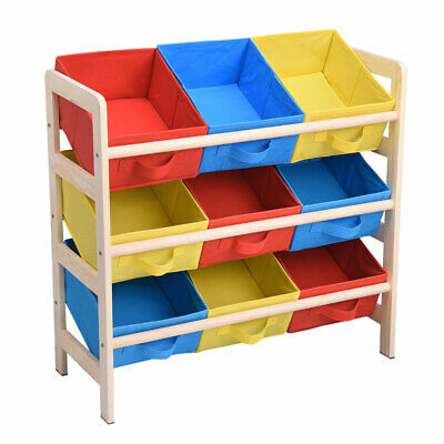 Toy Storage Organizer Wood Frame Shelf With 9 Removable Bins For Fun Time Room