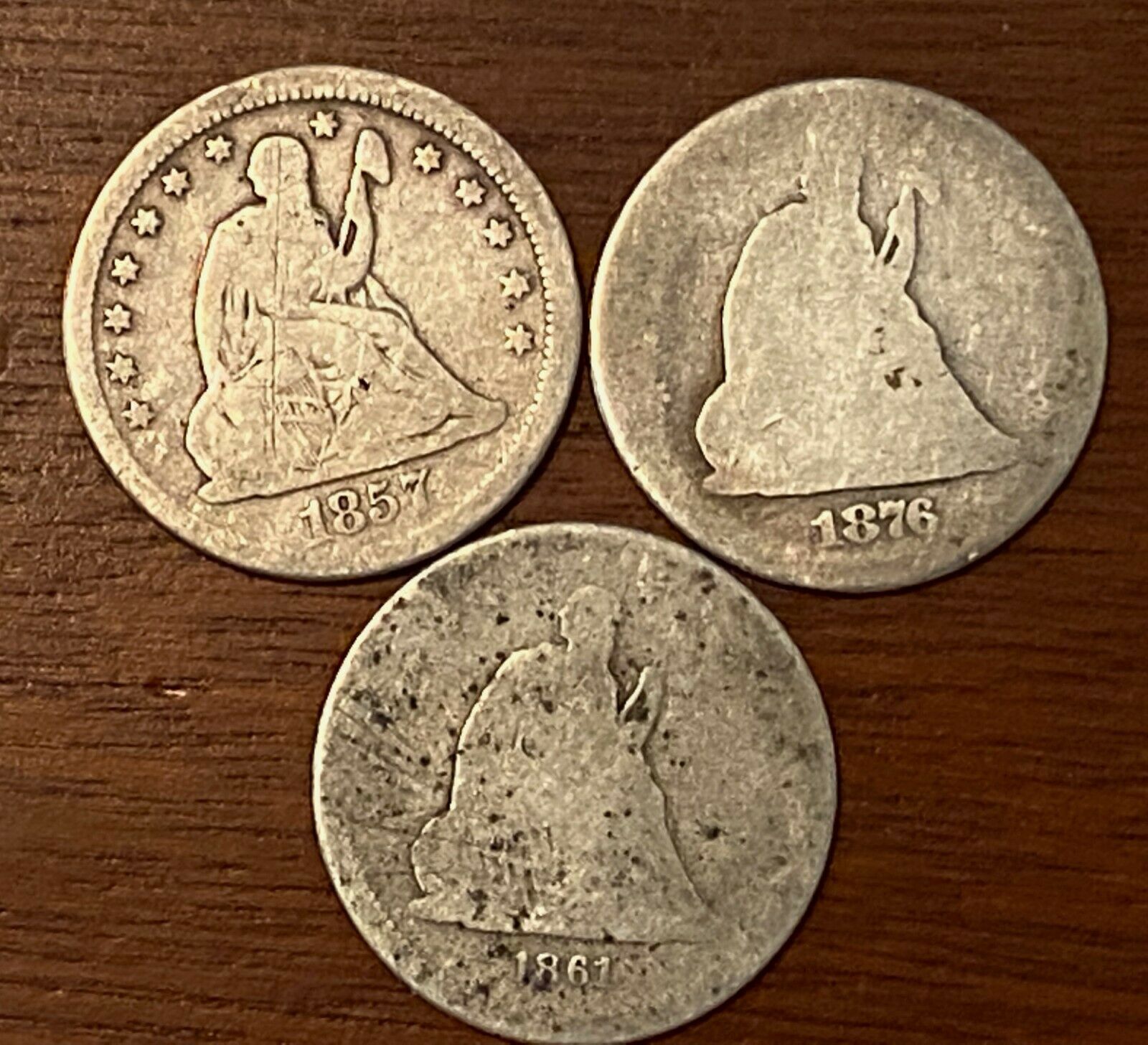 Silver Sitting Liberty Quarters - 3 Coins 1857, 1861, 1876 | Estate Listing