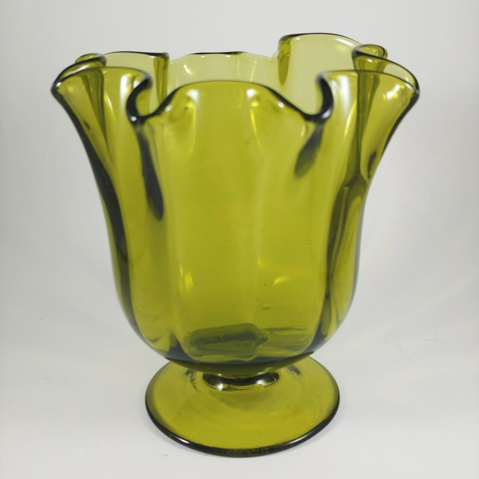 Vtg Olive Green Optic Glass Vase - Handmade Fluted / Ruffled Pedestal - 5.5"