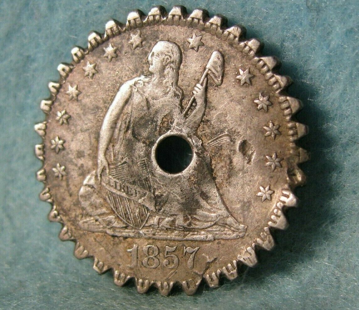 Unusual 1857 Seated Liberty Silver Quarter Handmade Gear Or Pie Crimper Us Coin