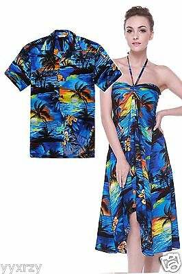 Couple Matching Shirt Dress Set Hawaiian Cruise Valentine Wedding Sunset Blue